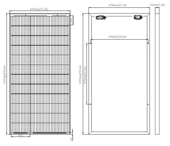 Physical dimensions and mounting points of the 195W Bifacial Solar Panel.