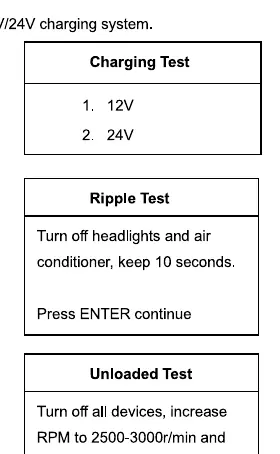 Charging Test menu sequence