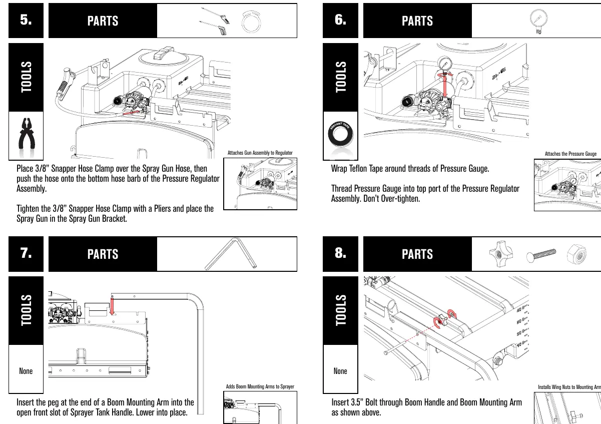 Sprayer assembly steps 5-8: Hose connection, pressure gauge installation, and boom mounting arms.