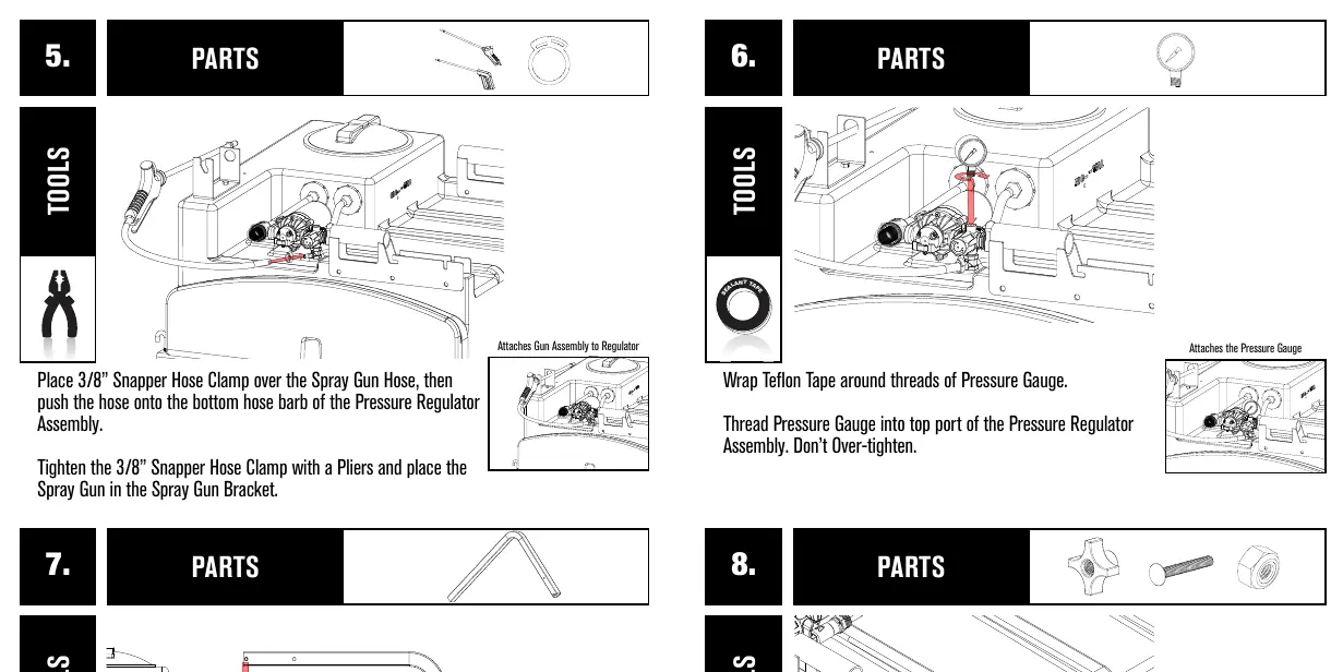 Steps for attaching the spray gun hose to the pressure regulator and installing the pressure gauge.