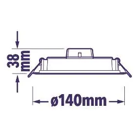 Dimension diagram showing 140mm diameter and 38mm height.