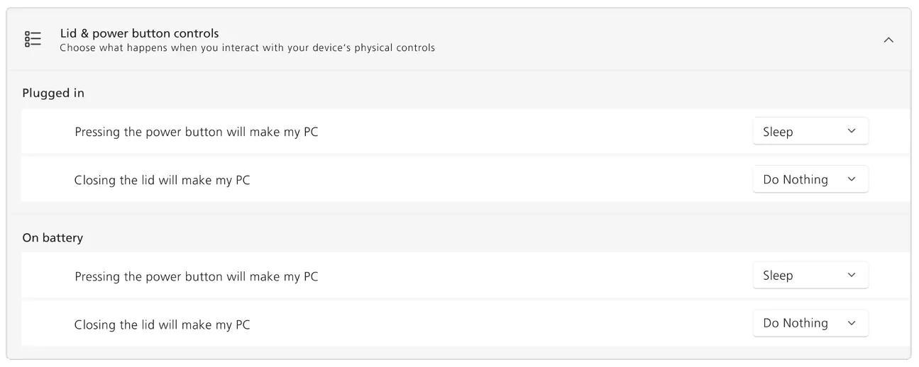 Windows lid and power settings