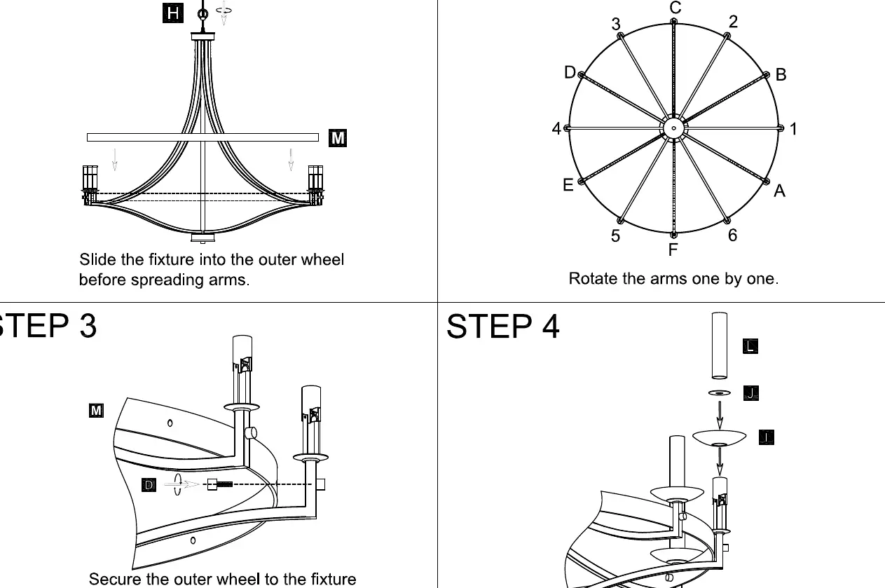 Step-by-step assembly of the chandelier arms and wheel.