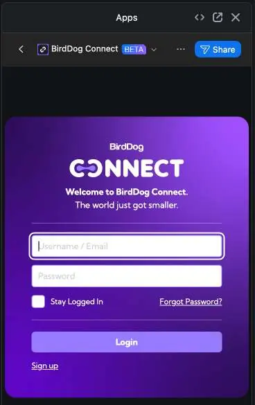BirdDog Connect login screen