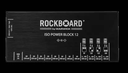 Front panel layout of the RockBoard ISO Power Block 12 IEC showing power slots and specifications.