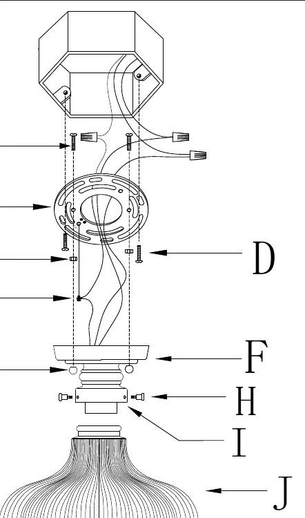 Assembly diagram showing the order of components A through J.