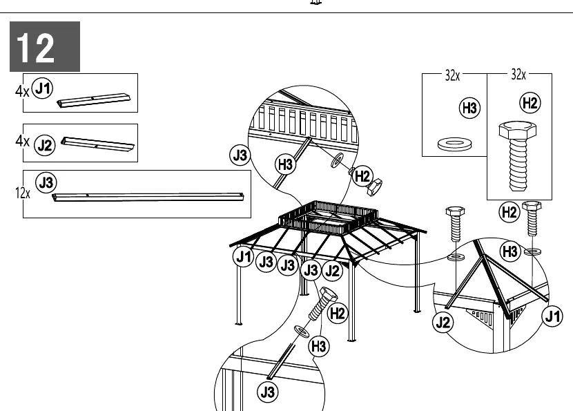 Step 12: Roof structure assembly