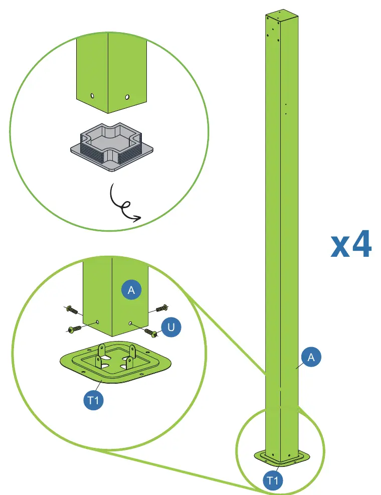 Step 1: Attaching base plates to posts