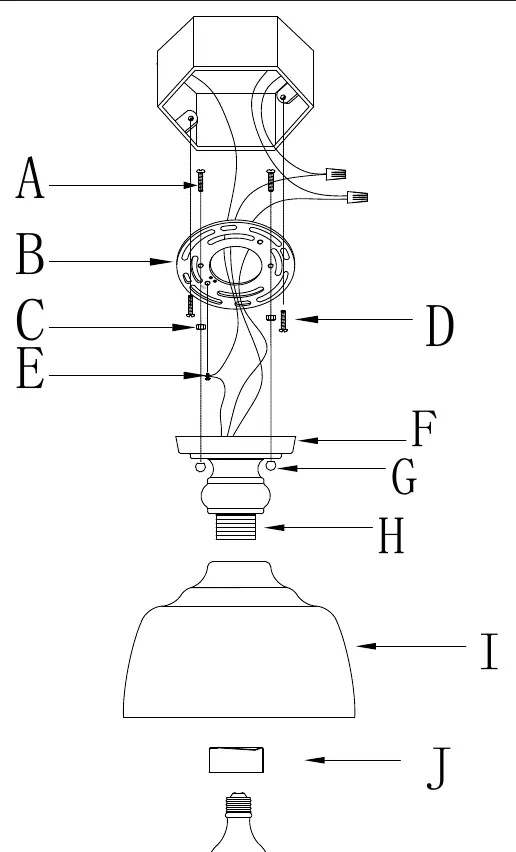 Assembly diagram identifying parts A through J.