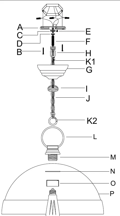 Assembly diagram showing parts A through P.