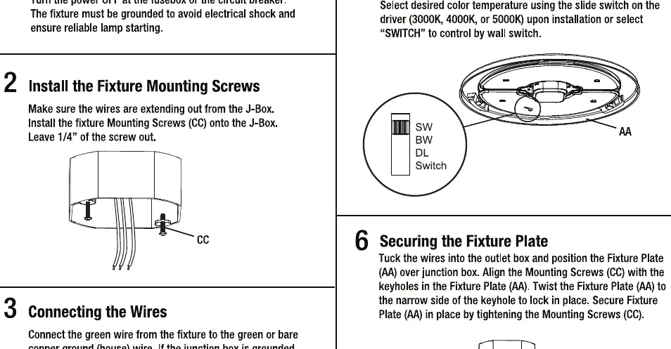 Installation steps 1 through 4: Turning off power, installing mounting screws, and connecting wires.