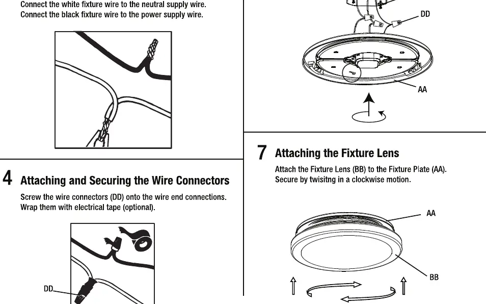 Installation steps 5 through 7: Selecting color temperature, securing the fixture plate, and attaching the lens.