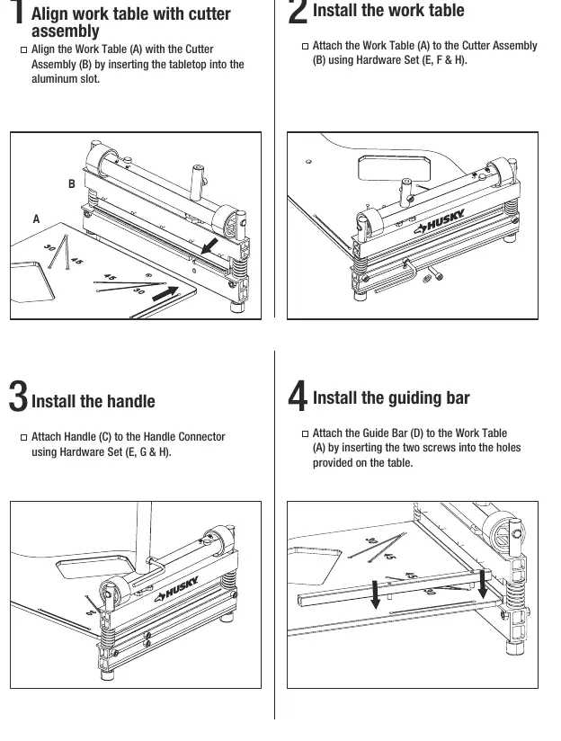 Step-by-step installation of the work table, handle, and guide bar