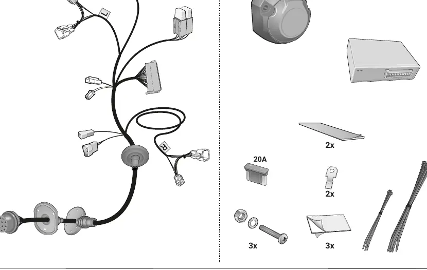 Parts overview and wiring harness components.
