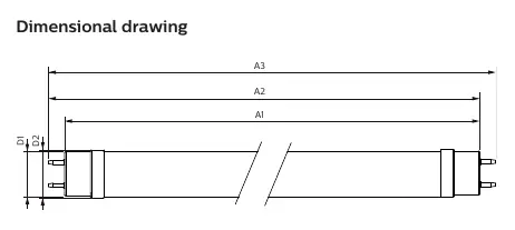 Dimensional drawing of the MAS LEDtube VLE 1200mm HO 13.5W865 T8
