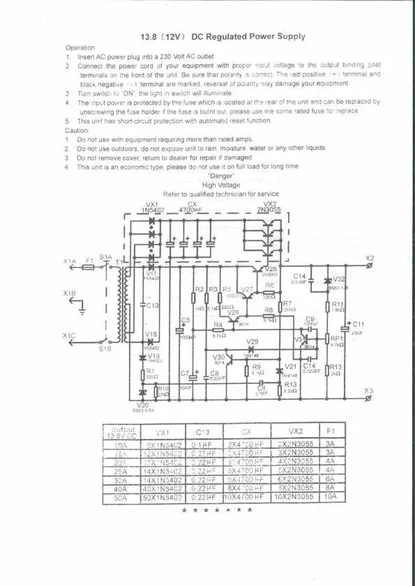 Circuit diagram and component values table