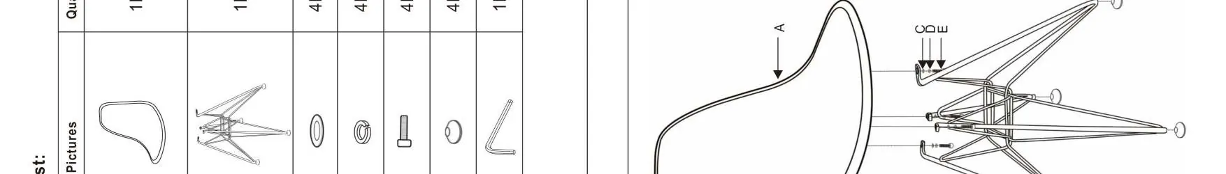 Exploded view of the chair assembly showing the seat, base, and hardware alignment.