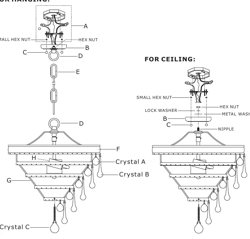 Installation diagrams for hanging and ceiling mount