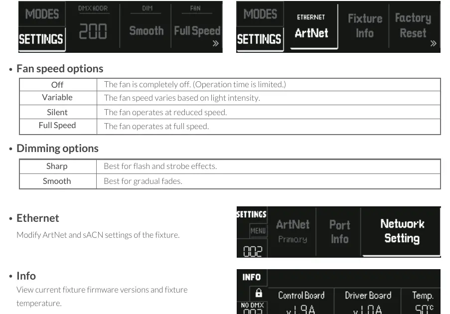 Settings and Fan/Dimming Options