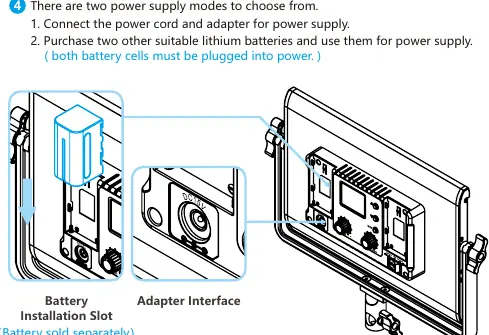 Battery installation and power adapter connection