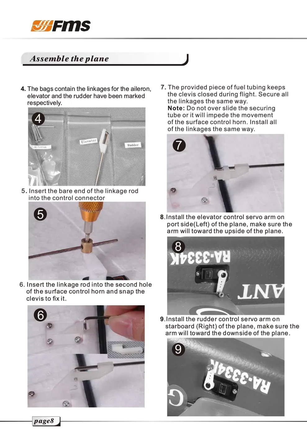 Connect control linkages and servo arms.