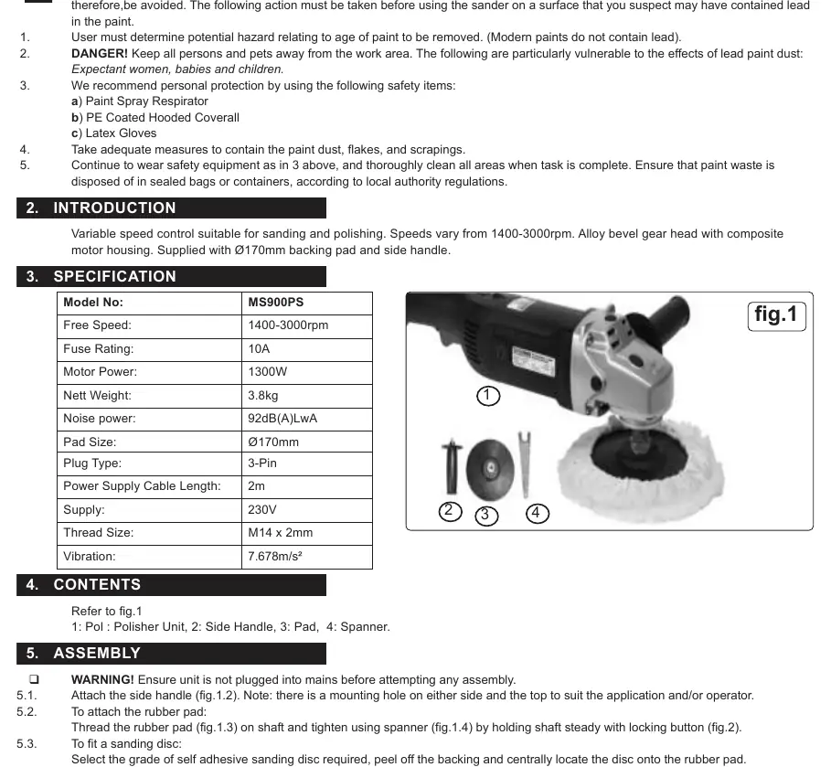 Overview of the polisher unit, side handle, backing pad, and spanner tool.