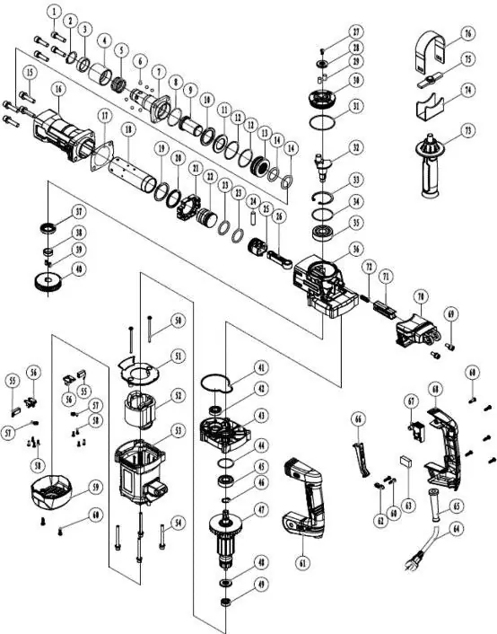 Exploded view of the demolition hammer