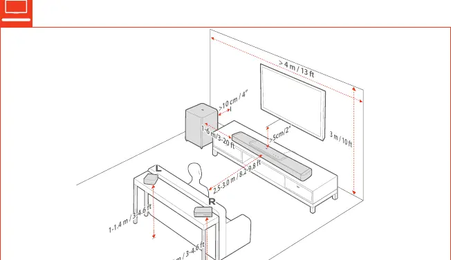 Recommended placement distances for the soundbar, subwoofer, and detachable speakers.