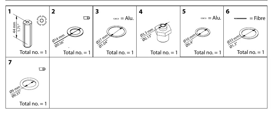 Parts list and specifications for the repair kit