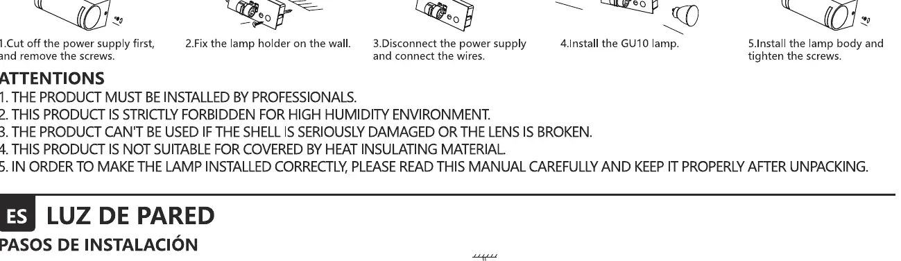 Step-by-step installation sequence for the wall light.