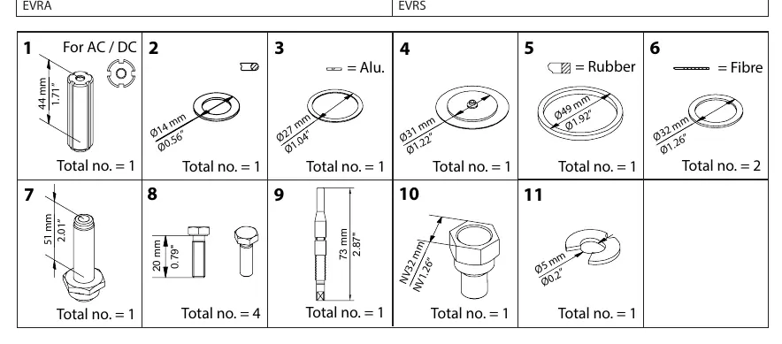 Parts list with dimensions and quantities