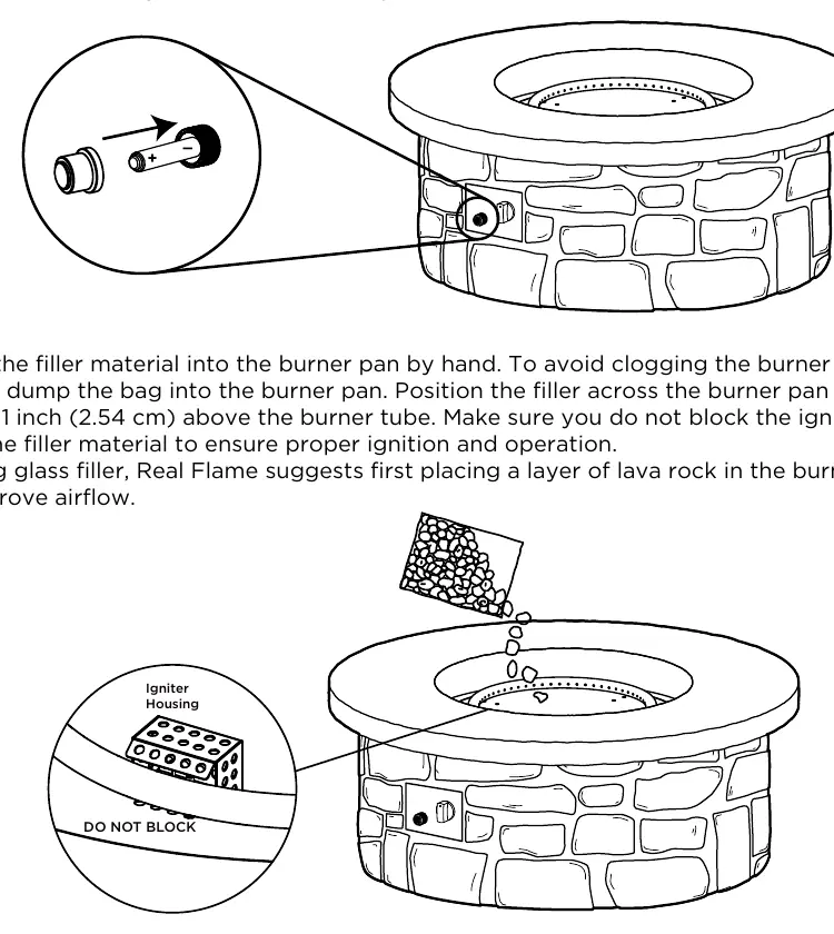 Battery and filler material installation