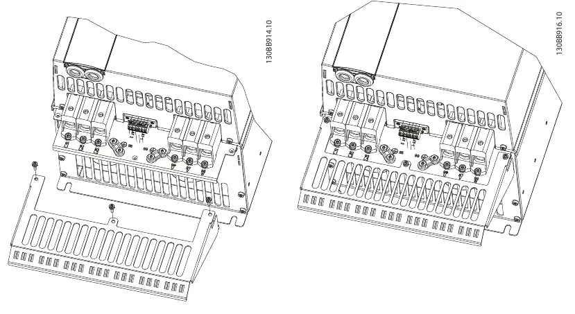 Step-by-step mounting of the decoupling plate on the frequency converter.
