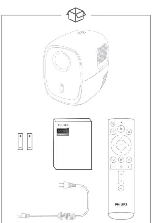 Package contents including projector, remote, and cables