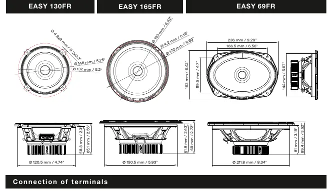 Dimensions for Easy 130FR, 165FR, and 69FR
