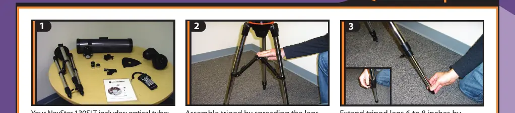 Tripod assembly and leg extension steps.