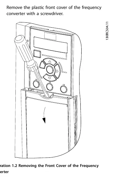 Removing the front cover of the frequency converter