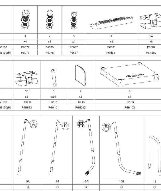 Parts list and components for ladder assembly.