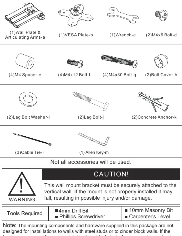Supplied parts and hardware list