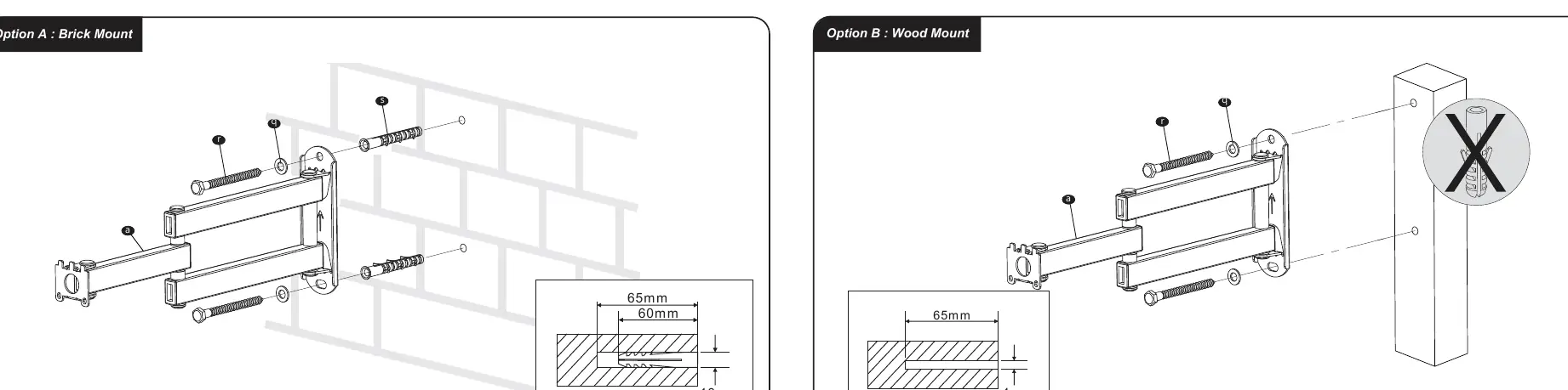 Wall plate installation options for brick and wood walls.