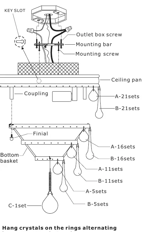 Assembly diagram showing the mounting bar, ceiling pan, and bottom basket connection.