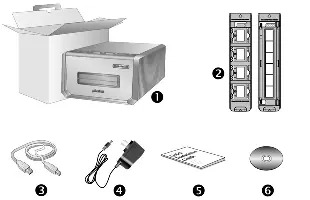 Box contents including scanner, film holders, and cables.