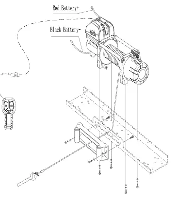 Mounting drawing showing winch, fairlead, and wiring connections.
