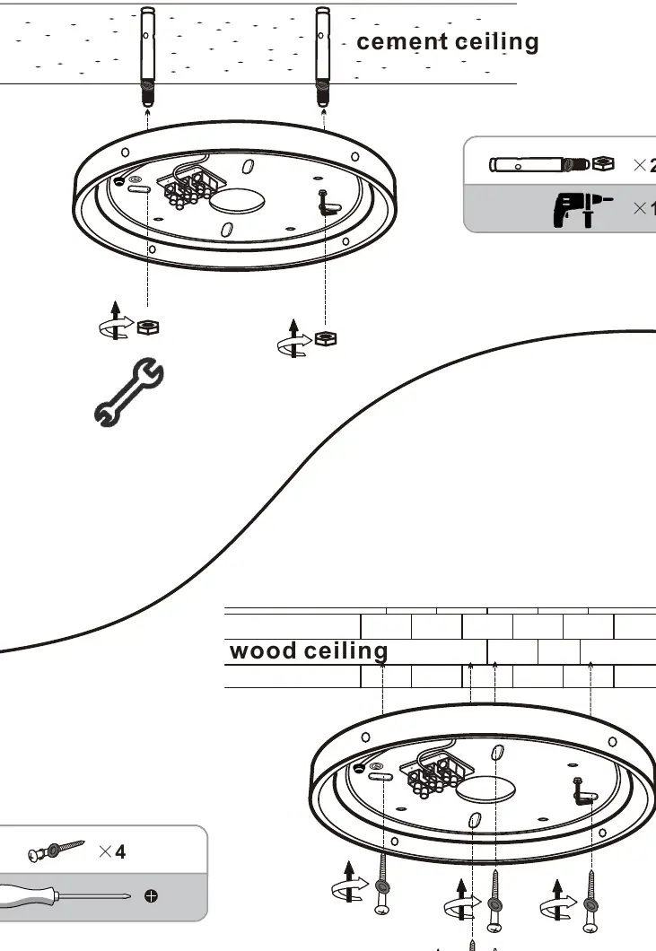 Ceiling mounting instructions for cement and wood ceilings