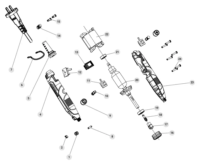 Exploded view diagram of the Truper MOTO-A3 rotary tool