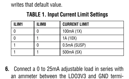 Input Current Limit Settings Table