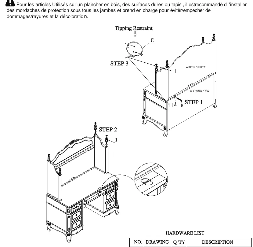Assembly diagram showing the connection of the hutch to the desk, finial placement, and tipping restraint installation.