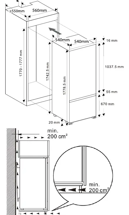 Ventilation and installation dimensions