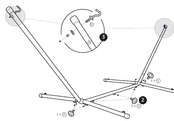Assembly steps 2 and 3: Securing bolts and attaching hooks