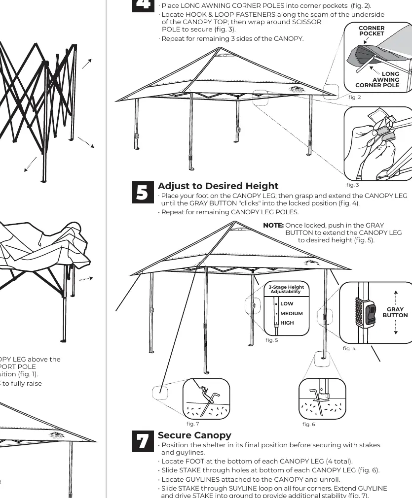 Step-by-step assembly and height adjustment diagrams.